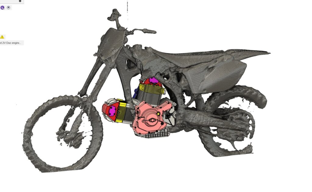 3D scan of the YZ450F frame with a Ducati Monster 796 engine model placed inside