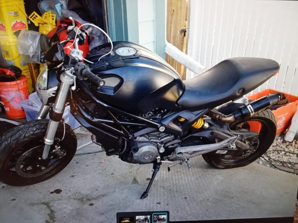 The crashed 2012 Ducati Monster 696 as it appeared in the Facebook Marketplace listing