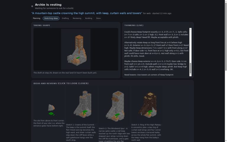 The Archie AI builder live dashboard showing a mountain-top castle design with its thinking and three sketches